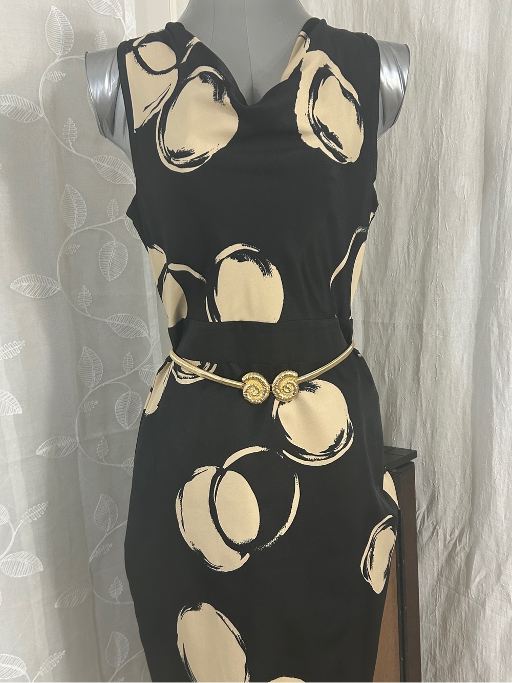 The Limited Black Midi Dress with Cream Circular Print